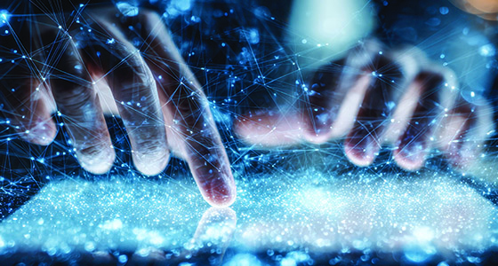 A gesture-driven interface illuminates the darkness, showcasing intricate digital links and radiant effects that combine human touch with advanced virtual networks.