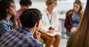 image shows a group of people in a therapy session